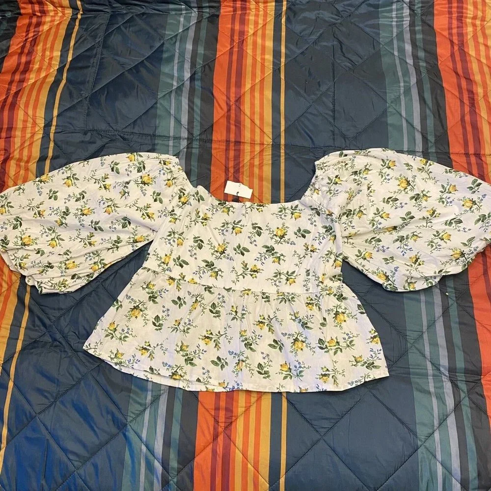 Faithfull the Brand Quincy Crop Top Large US 8 Bendita Floral Print White Puff - Picture 2 of 12